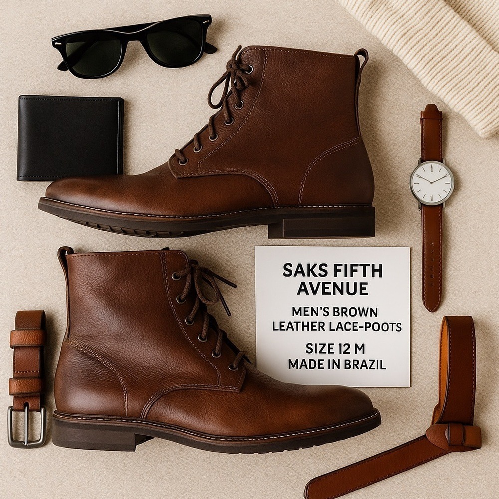 Saks Fifth Avenue Brown Pebbled Leather Chukka Boots Men's Size 12M Made Brazil - Picture 4 of 14